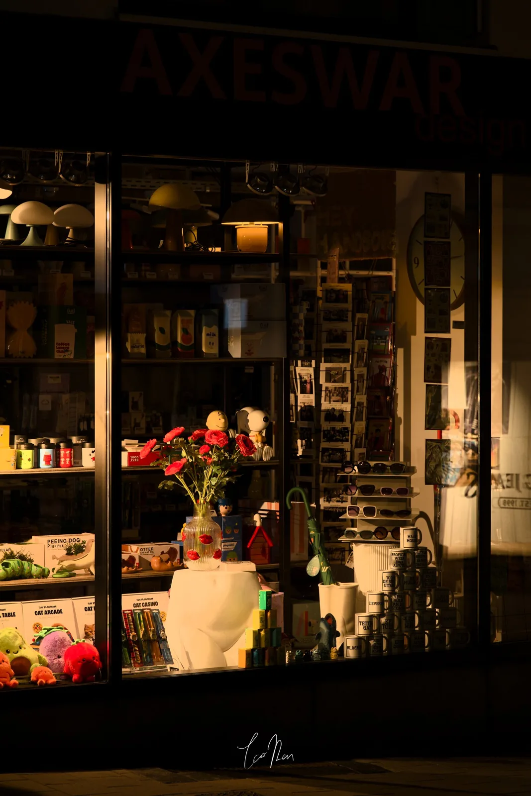 夜间街角的花与店铺橱窗